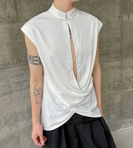 Summer Men's Vest Chinese Style Stand Collar Knot Button Sleeveless Cross Design Clothing Trend Casual Tank Top 9C5913