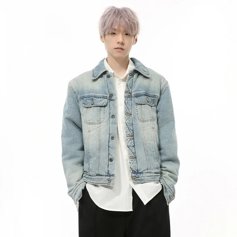 Korean Style Men's Jackets Patchwork Washing Mill White Lapel Single Breasted Solid Color Casual Quilted Coats 2024 9C9334