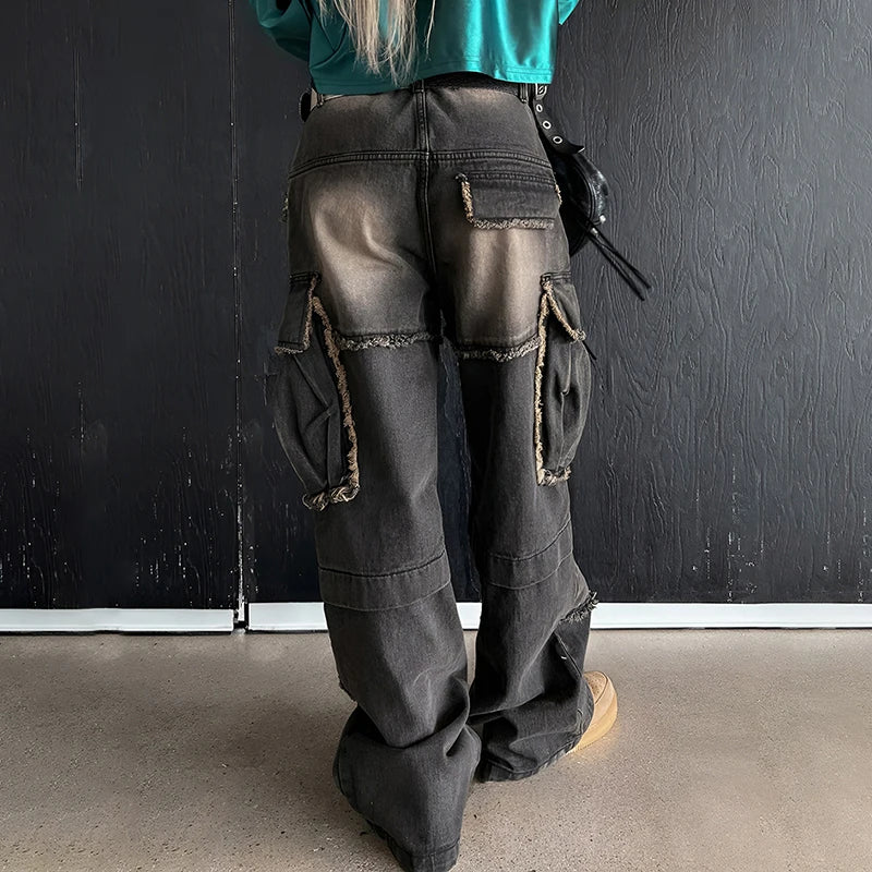 Vintage Y2K Grunge Gradient Cargo Jeans Female Baggy Streetwear Distressed Burr Denim Trousers Harajuku Pockets Pants