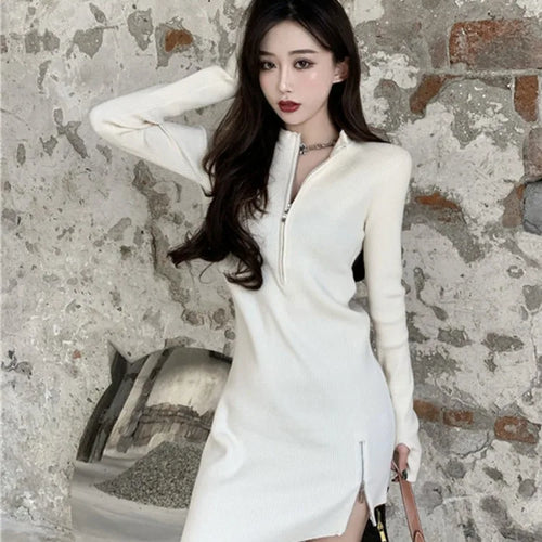 Load image into Gallery viewer, Autumn Korean Zip Knitted Sweater Sexy Bodycon Mini Split Dress Women Kpop Wrap Black Long Sleeve Short Dresses
