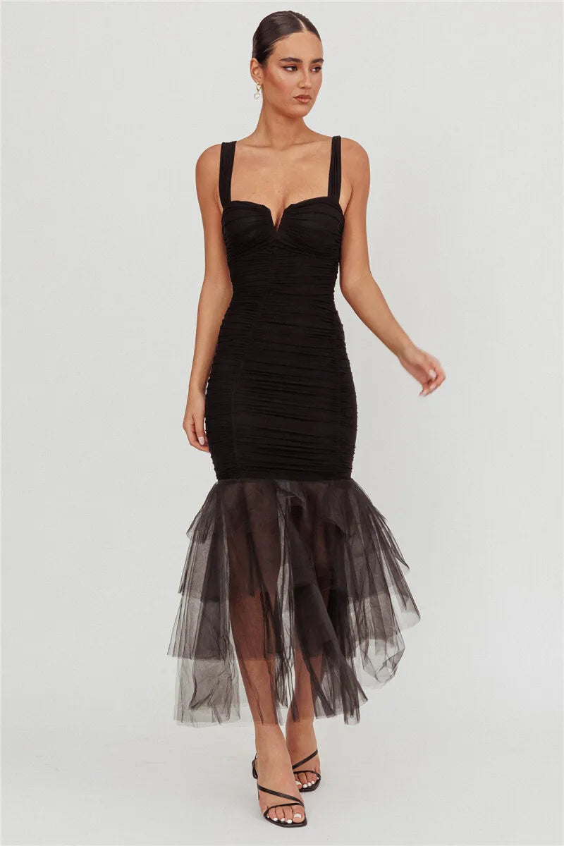 Mesh Backless Sexy Maxi Dress For Women Gown Two Layer Spaghetti Strap Sleeveless Ruched Bodycon Club Party Dress