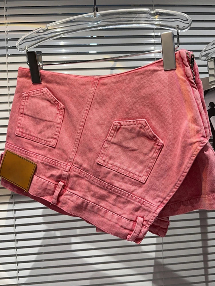Irregular Solid Denim Shorts For Women High Waist Patchwork Pockets Short Pant Summer Female Fashion Clothing