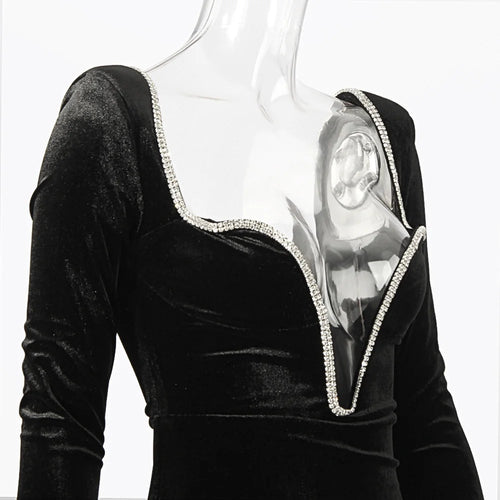 Load image into Gallery viewer, Long Sleeve Sexy Deep V Neck Wired Diamante Crystal Padded Should Bodycon Outfits Women Winter Velvet Party Dress
