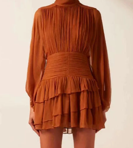 Spring Fashion Solid Mini Dress For Women Stand Collar Long Sleeve High Waist Pacthwork Fold Dresses Female 2022 New Clothes