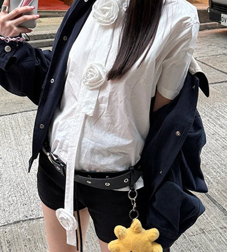 Women White Three-dimensional Flower Big Size Blouse New Lapel Short Sleeve Shirt Fashion Tide Spring Summer 2025 1DJ0058