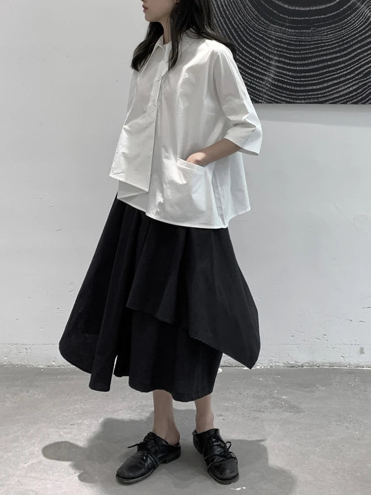 Women White Irregular Hem Big Size Elegant Blouse New Lapel Half Sleeve Shirt Fashion Tide Spring Summer 2025 1DJ1661