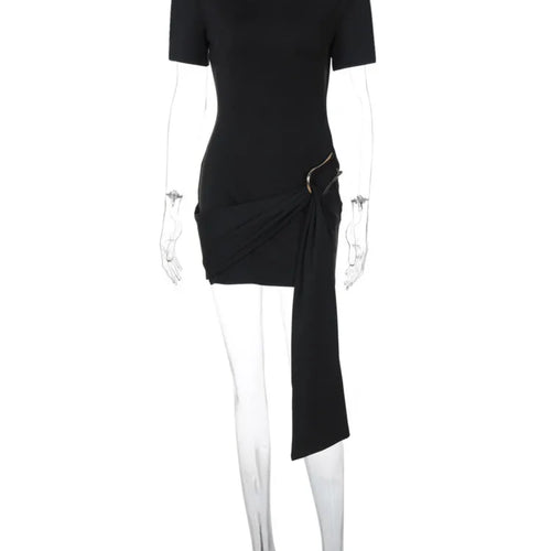Load image into Gallery viewer, Short Sleeve Draped Sexy Mini Dress For Women Black Metal Buckle O Neck High Waist Bodycon Club Dress Vestido Clothes
