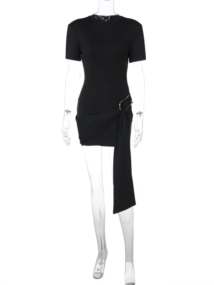 Short Sleeve Draped Sexy Mini Dress For Women Black Metal Buckle O Neck High Waist Bodycon Club Dress Vestido Clothes