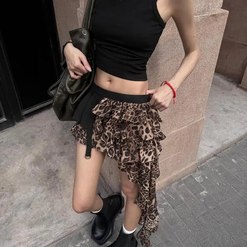 Load image into Gallery viewer, Vintage Brown Leopard Print Pleated Short Skirt Women Sexy Club Irregular Ruffle Cake Mini Skirts Summer Y2k Streetwear Fashion

