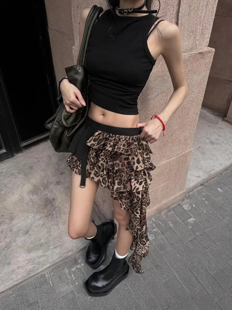 Vintage Brown Leopard Print Pleated Short Skirt Women Sexy Club Irregular Ruffle Cake Mini Skirts Summer Y2k Streetwear Fashion