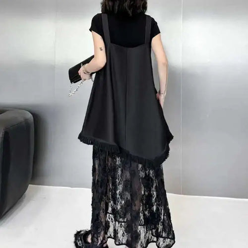 Load image into Gallery viewer, Women Black Hem Lace Denim Elegant Big Size Strap Dress New Square Collar Sleeveless Fashion Spring Autumn 2025 1DH6630
