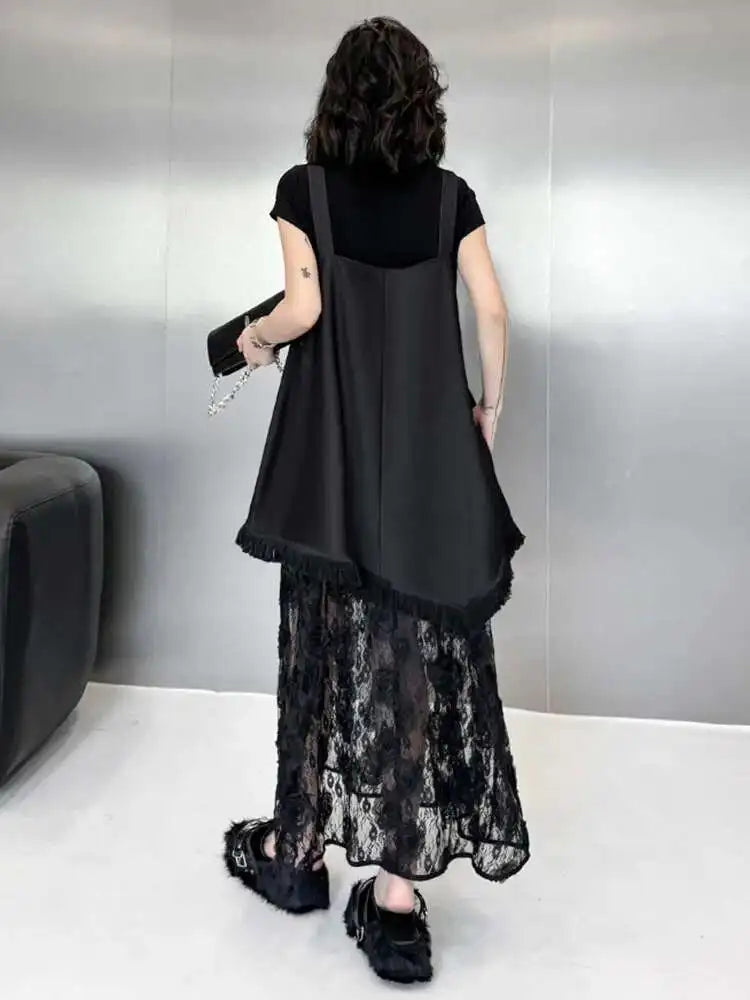 Women Black Hem Lace Denim Elegant Big Size Strap Dress New Square Collar Sleeveless Fashion Spring Autumn 2025 1DH6630