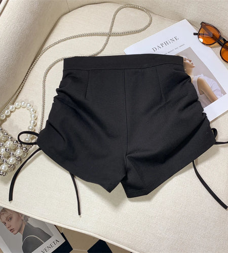 Fashion Summer Women Black Slim High Waist Drawstring Pleated Lace-up Shorts Casual Fashion Simple Short Pant Streetwear popular