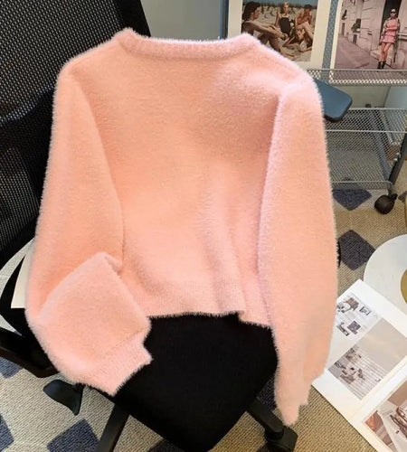 Sweet Pink Single Breasted Imitation Mink Sweater Jacket For Women's 2024 Autumn Winter New Bow Decorate Knit Cardigan Tops Chic