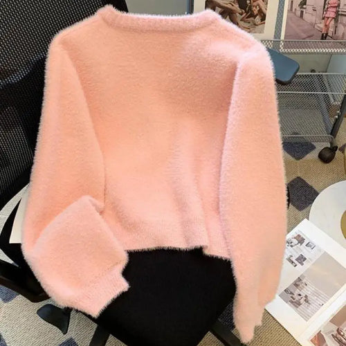 Load image into Gallery viewer, Sweet Pink Single Breasted Imitation Mink Sweater Jacket For Women&#39;s 2024 Autumn Winter New Bow Decorate Knit Cardigan Tops Chic
