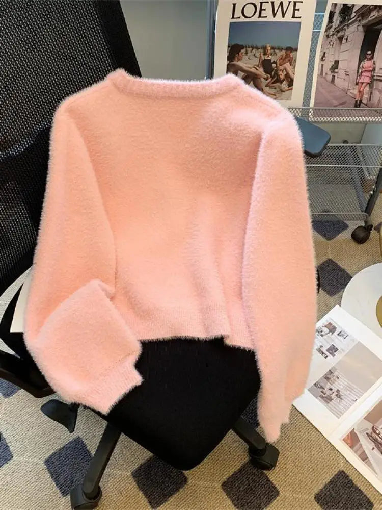 Sweet Pink Single Breasted Imitation Mink Sweater Jacket For Women's 2024 Autumn Winter New Bow Decorate Knit Cardigan Tops Chic