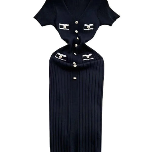 Load image into Gallery viewer, French Fashion Women's Solid V Neck Elegant Slim Short Sleeved Dress Summer Single Breasted Office Lady Knitted Dress Simplicity
