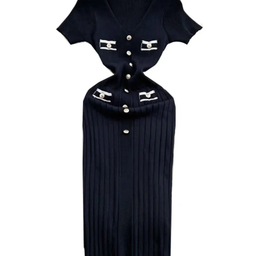 French Fashion Women's Solid V Neck Elegant Slim Short Sleeved Dress Summer Single Breasted Office Lady Knitted Dress Simplicity