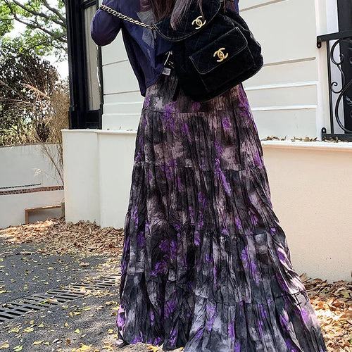 Load image into Gallery viewer, Korean Women Purple Print Vacation Skirt Fashion Spring Summer Vintage Brown High Waist Elegant Festival Pleated Skirt New Trend
