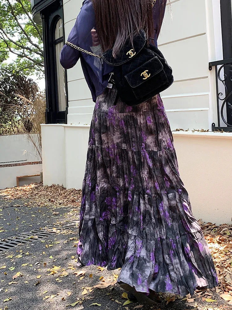 Korean Women Purple Print Vacation Skirt Fashion Spring Summer Vintage Brown High Waist Elegant Festival Pleated Skirt New Trend