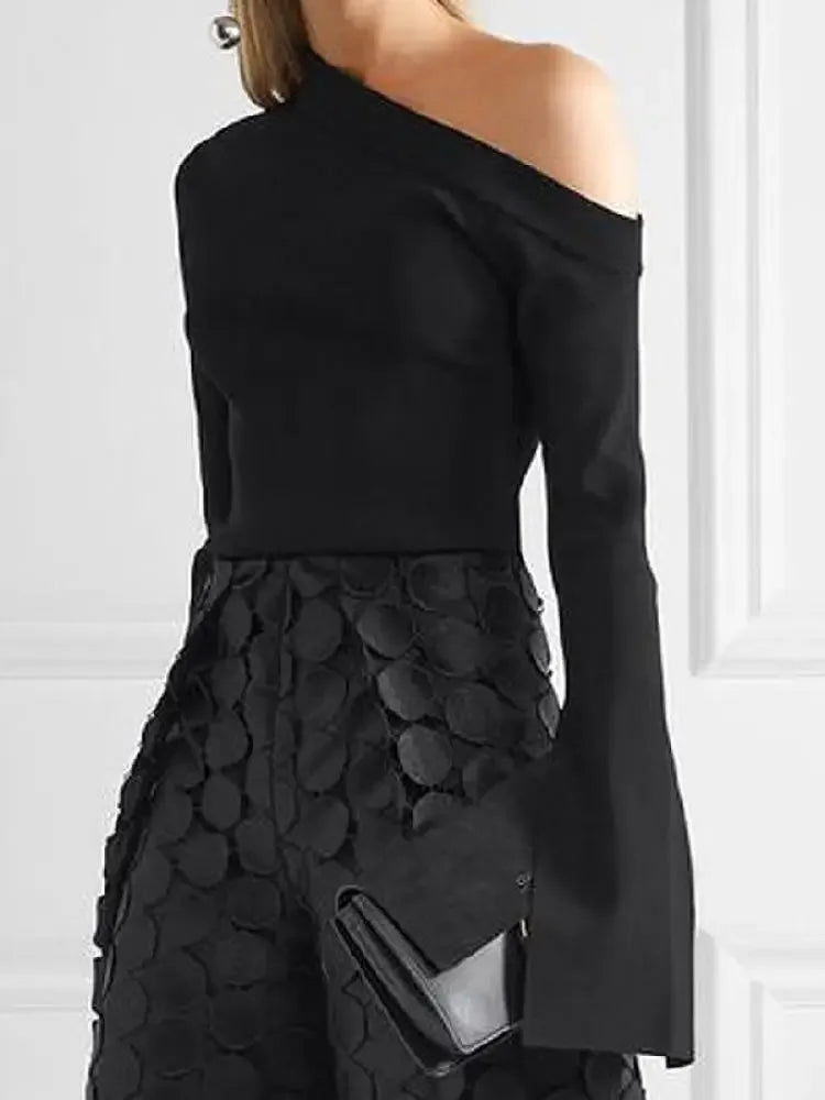 Women Asymmetric Black One-Shoulder Causal T-Shirts Spring Long Sleeves Simple Skinny Tops Pullovers 2024 New