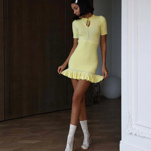 Load image into Gallery viewer, Summer Short Sleeve Ruffle Mini Dress Women Sweater Pullover Elegant Fashion Hollow Out Ribbed Slim High Waist Dress
