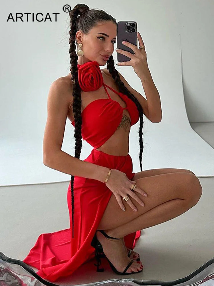 Flower Decoratio Lace Wrap Chest Sexy Temperament Split Longuette Summer Women's NewDress Evening Two-Piece Dress