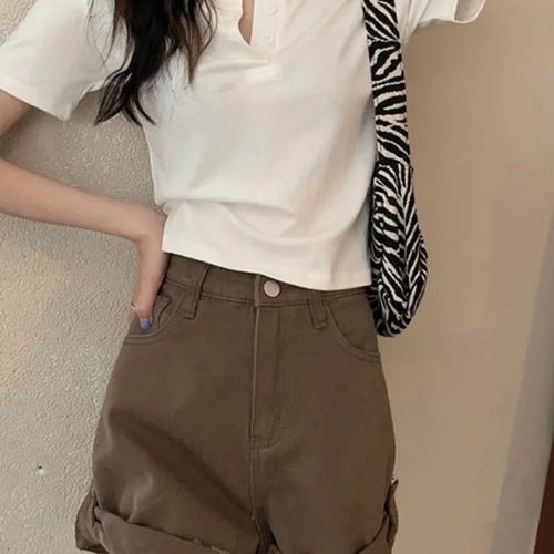 Load image into Gallery viewer, women t-shirt open button short Sleeve Crop Top Ladies Clothing 2024 Solid Basic T Shirt Casual Skinny White Slim Female Tops
