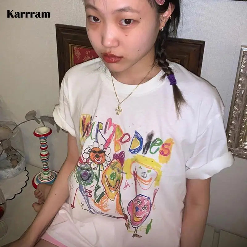 Fairy Grunge Short Sleeve T-shirts Cartoon Graffiti Print Tee Shirts Graphic Korean Fashion Tops Summer Streetwear Y2k