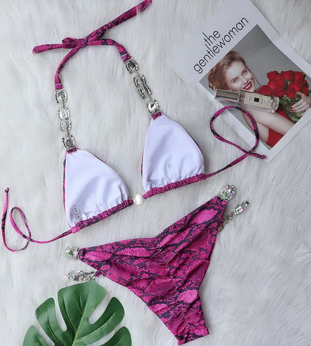 Sexy Summer Rhinestones Brazilian Bikini Push Up Swimwear Women Chain Swimsuit Halter Biquini Two Pieces Bathing Suit