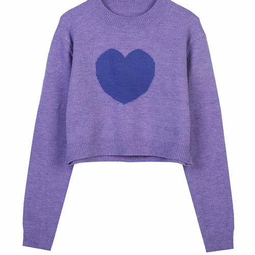Load image into Gallery viewer, Spring Candy Girly Sweater Purple Knitted Cute Crop Top Heart Patchwork Korean Cute Loose Short Pullover  B-040
