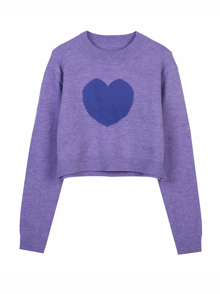 Spring Candy Girly Sweater Purple Knitted Cute Crop Top Heart Patchwork Korean Cute Loose Short Pullover  B-040
