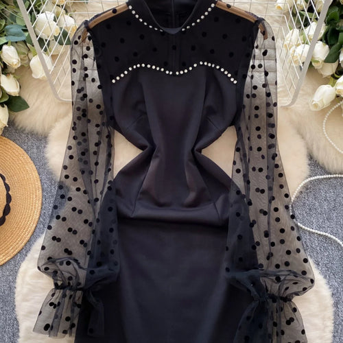 Load image into Gallery viewer, Korean Women Black White Patchwork Mesh Elegant Long Sleeved Office Short Dress Spring Red Polka Dot Round Neck Slim Party Dress
