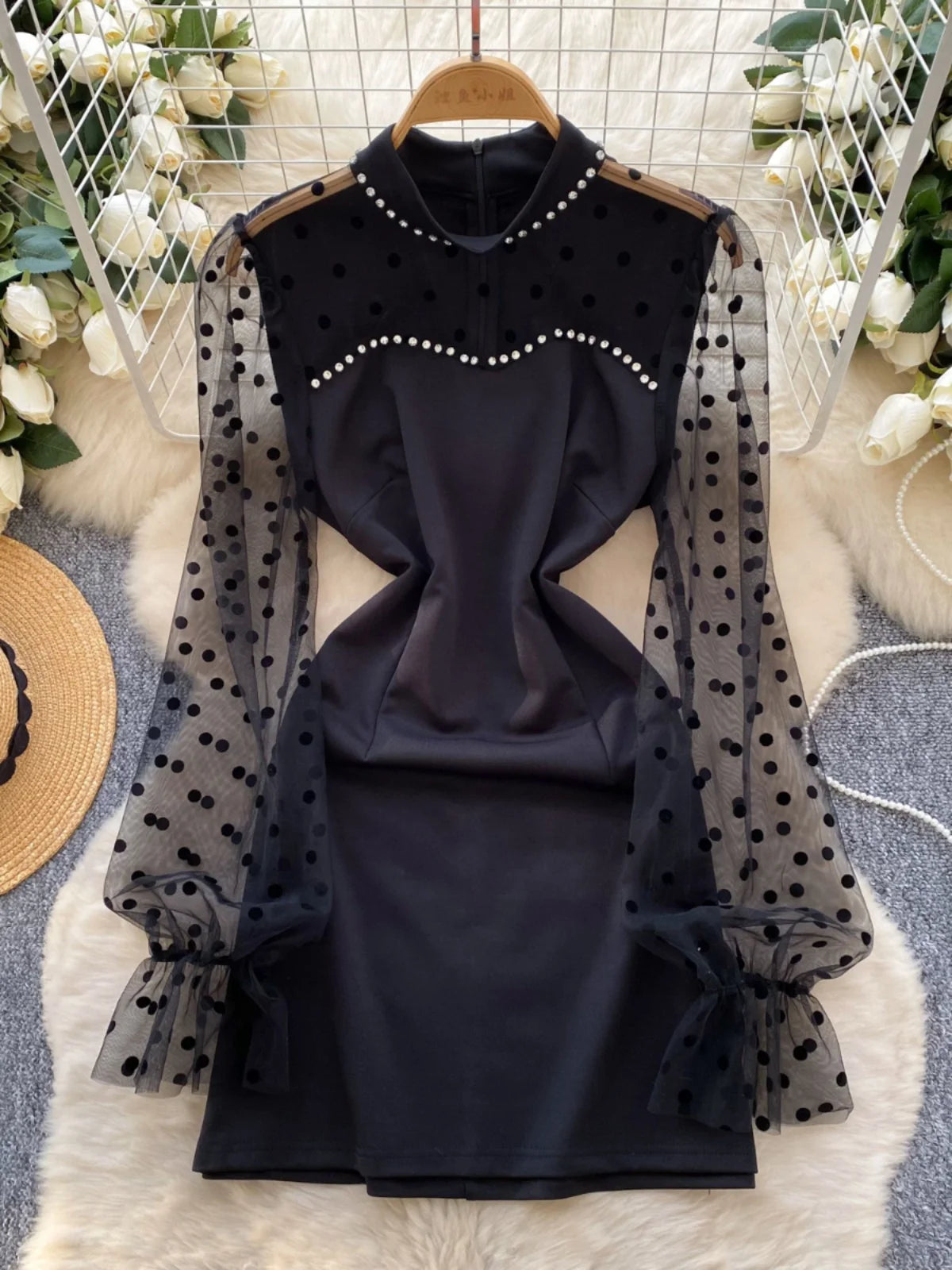 Korean Women Black White Patchwork Mesh Elegant Long Sleeved Office Short Dress Spring Red Polka Dot Round Neck Slim Party Dress