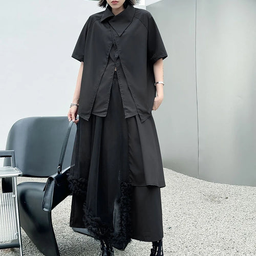 Load image into Gallery viewer, Big Size Black Irregular Shirt Mesh Pants Two Piece Suit New Lapel Short Sleeve Women Fashion Spring Summer 2025 1DJ1371
