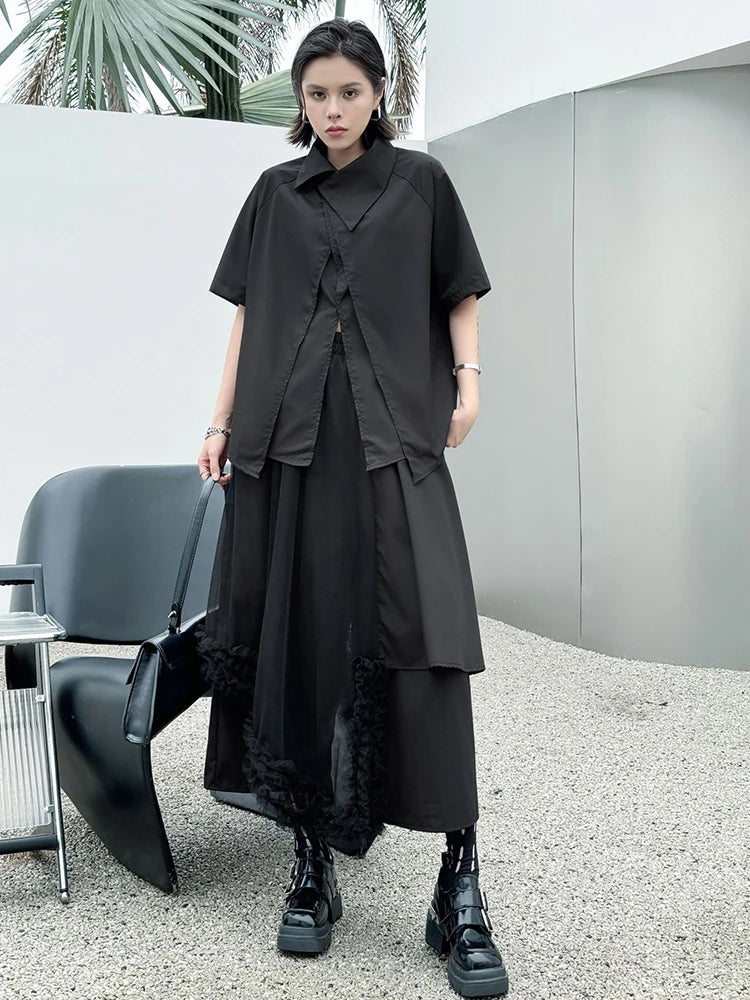 Big Size Black Irregular Shirt Mesh Pants Two Piece Suit New Lapel Short Sleeve Women Fashion Spring Summer 2025 1DJ1371