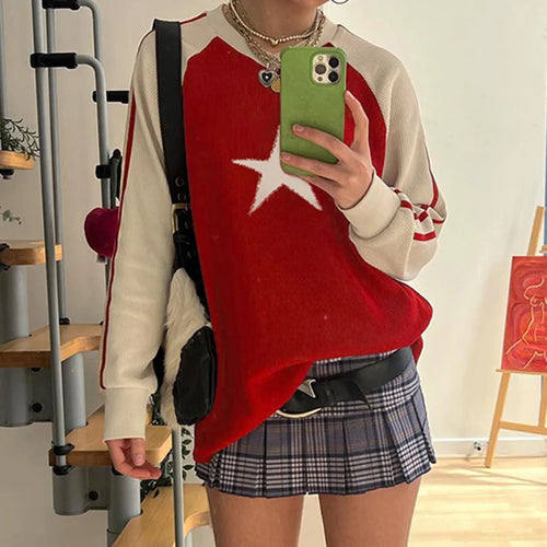 Load image into Gallery viewer, Korean Fashion Y2K Red Autumn Sweater Women Star Pattern Patchwork Loose Pullover Knit Contrast Color Jumpers Outfits
