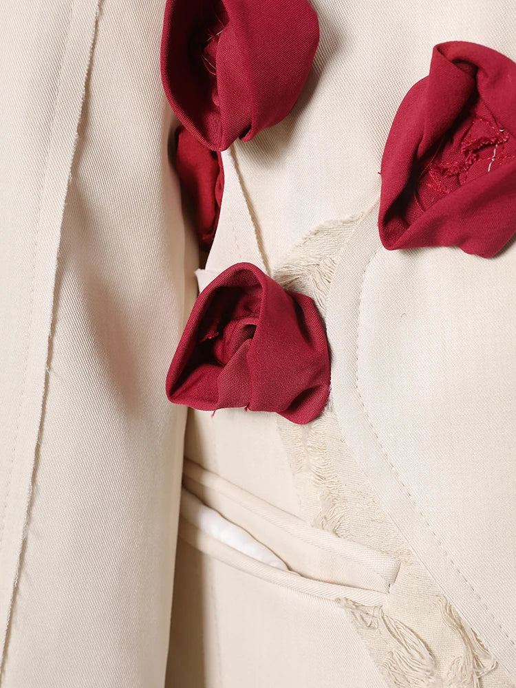 Women Beige Flower Ribbon Big Size Vintage Blazer New Lapel Long Sleeve Jacket Fashion Tide Spring Autumn 2025  CPG2872