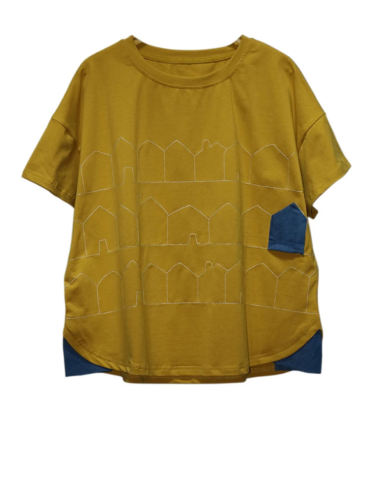 Women Black Pattern Printed Big Size Casual T-shirt New Round Neck Short Sleeve Fashion Tide Spring Summer 2025 1DJ1186