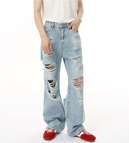 Men's Jeans New American High Street Style Personalized Hole Design Distressed Straight Wide Leg Male Denim Pants 9W1835