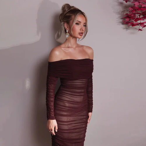 Load image into Gallery viewer, Off-shoulder Long Sleeve Sexy Maxi Dress For Women Autumn New Strapless Backless Bodycon Ruched Party Long Dress
