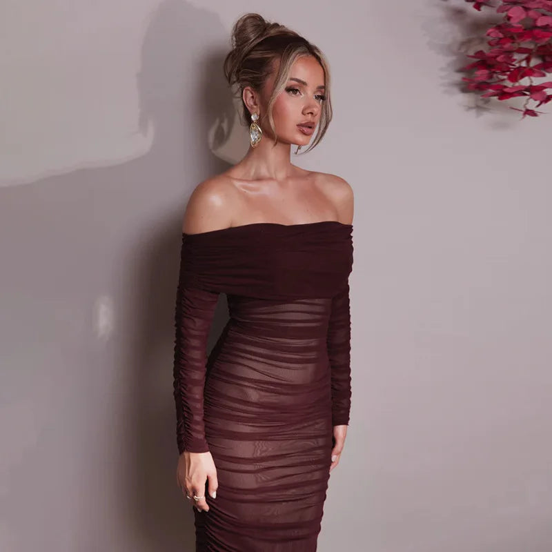 Off-shoulder Long Sleeve Sexy Maxi Dress For Women Autumn New Strapless Backless Bodycon Ruched Party Long Dress