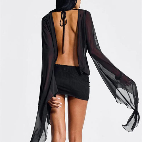 Load image into Gallery viewer, Mesh See Through Sexy Mini Dress For Women Black Sheer Mesh Deep V Neck Long Sleeve Backless Draped Ruched Dress
