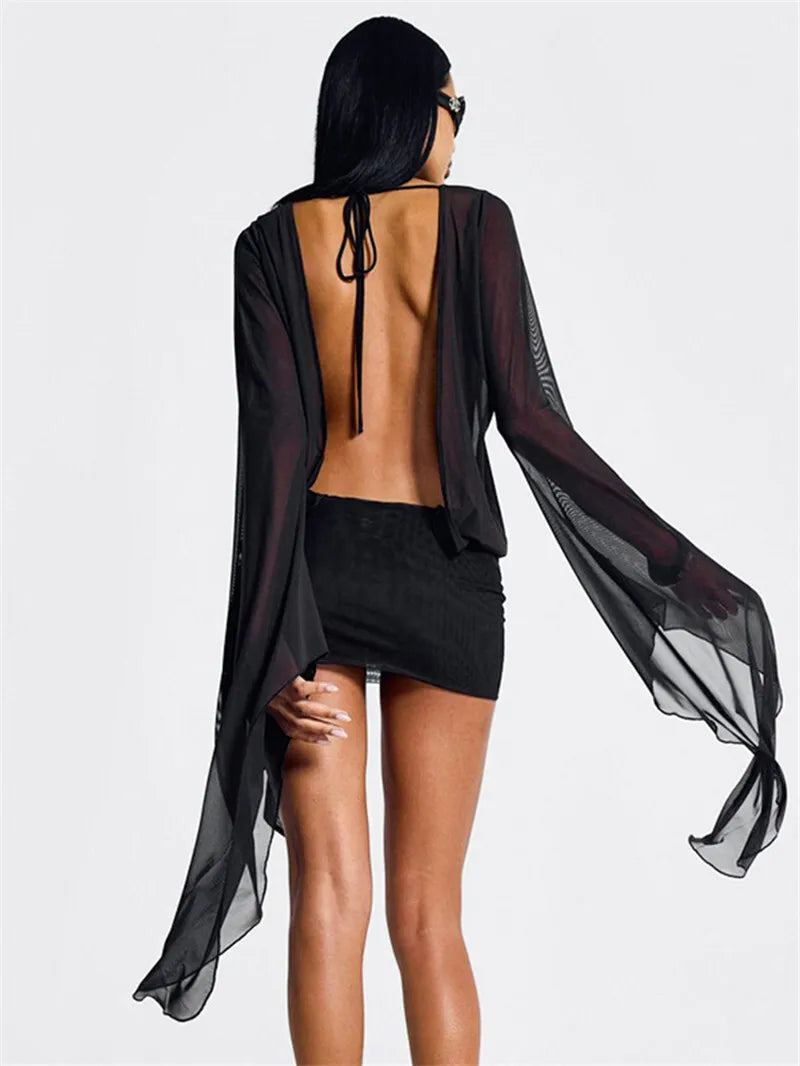 Mesh See Through Sexy Mini Dress For Women Black Sheer Mesh Deep V Neck Long Sleeve Backless Draped Ruched Dress