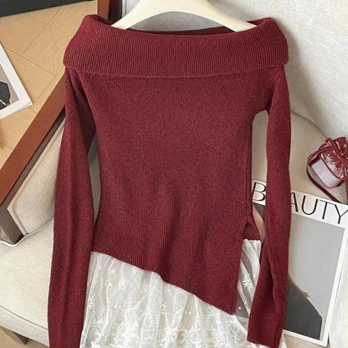 Load image into Gallery viewer, French Autumn Winter Patchwork Lace Elegant Pullover Short Sweater Women's Vintage 2024 New Office Lady Long Sleeved Knitted Top
