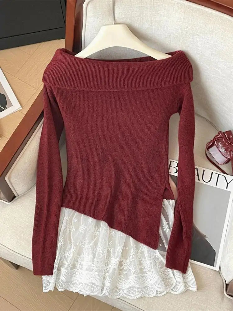 French Autumn Winter Patchwork Lace Elegant Pullover Short Sweater Women's Vintage 2024 New Office Lady Long Sleeved Knitted Top