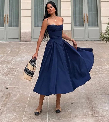 Elegant Spaghetti Strap Midi Dress Slim A Line Party Dresses Navy Blue Casual Birthday Holiday Dress Women's clothing