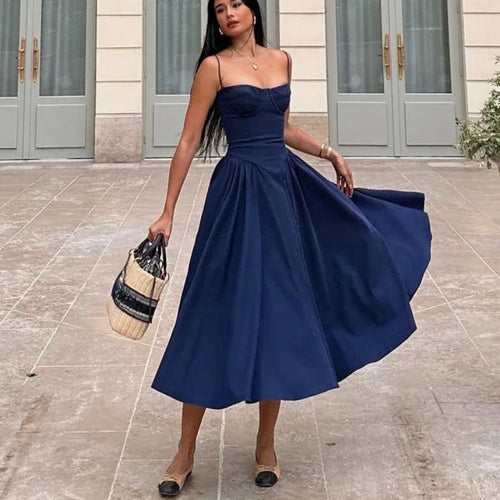 Load image into Gallery viewer, Elegant Spaghetti Strap Midi Dress Slim A Line Party Dresses Navy Blue Casual Birthday Holiday Dress Women's clothing
