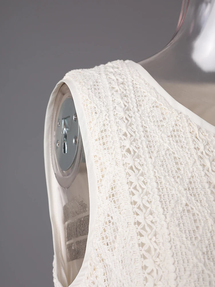 Women Beige Knitting Spliced Elegant Midi Vest Dress New Round Neck Sleeveless Fashion Tide Spring Summer 2025 CPG3068