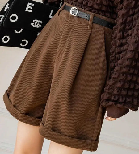 2023 New Black Corduroy Women's Shorts Autumn Winter Brown High Waist Straight Wide Leg Shorts Vintage Female Plus Size Casual